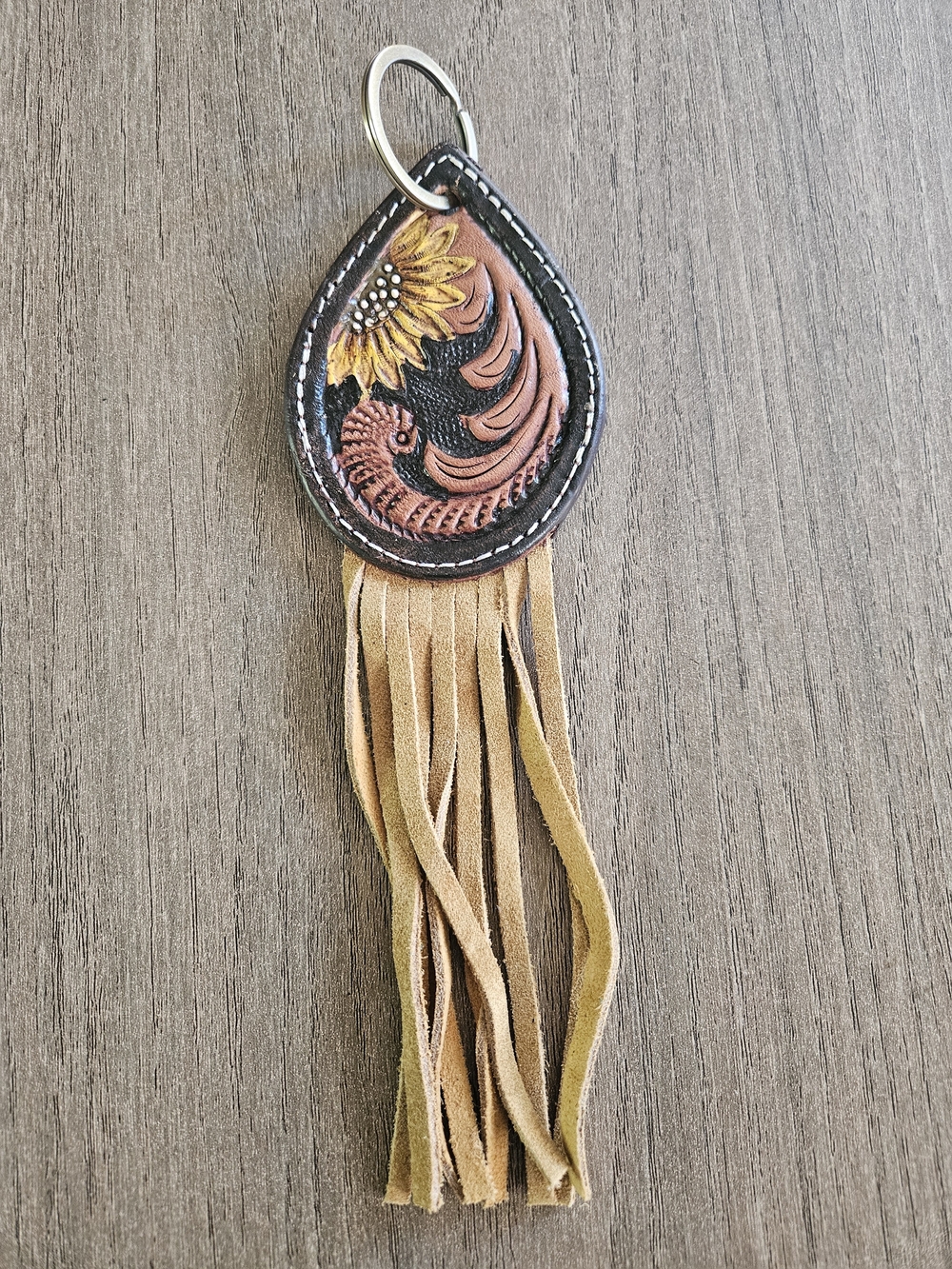 Brown Tooled Leather And Hand Painted With Fringe Floral Design Keychain-NWOT